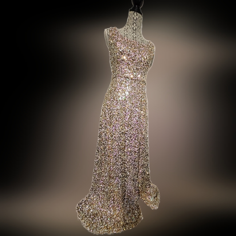 Alex Evenings Gold and Silver Sequin Cocktail Gown